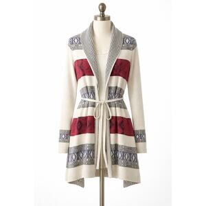 Belldini Tribal Boho Long Cardigan Tie Waist Ivory Red